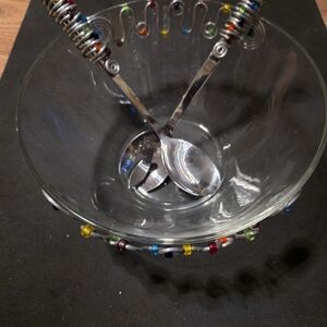 Beaded Glass Salad Bowl with Serving Utensils